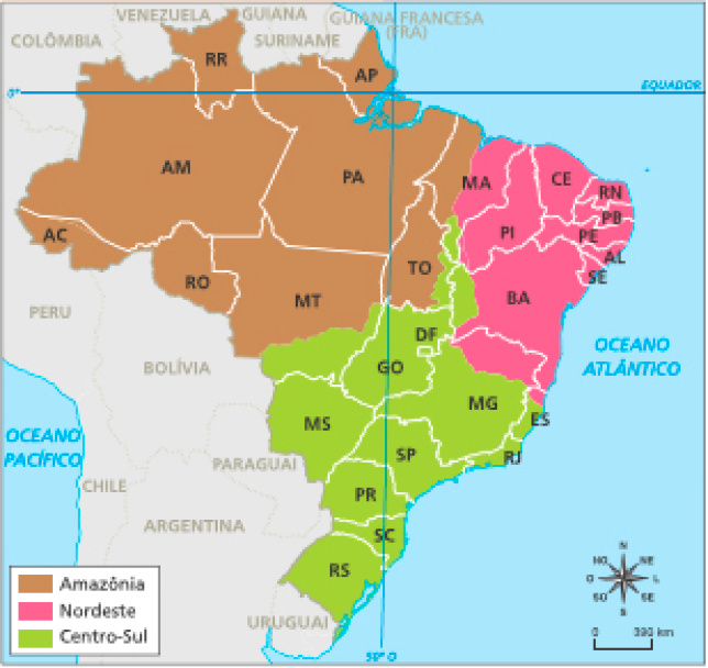 Imagem: Mapa. Brasil: divisão geoeconômica. Mapa do Brasil dividido em cores, cada uma representando uma divisão geoeconômica. Amazônia: Acre, Amazonas, Roraima, Rondônia, Para, Amapá e parte do Maranhão, Tocantins e Mato Grosso. Nordeste? Piauí, Ceará, Rio Grande do Norte, Paraíba, Pernambuco, Alagoas, Sergipe e partes do Maranhão, Bahia, Minas Gerais e Espírito Santo. Cen-tro-Sul: Mato Grosso do Sul, Goiás, Distrito Federal, Rio de Janeiro, São Paulo, Paraná, Santa Ca-tarina, Rio Grande do Sul e parte do Mato Grosso, Tocantins, Maranhão, Bahia, Minas Gerais e Espírito Santo. Fim da imagem.