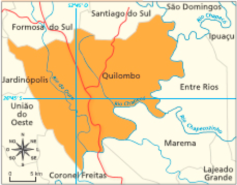 Imagem: Mapa. Município de Quilombo. Mapa da região de Quilombo. Ao redor, as cidades: Formosa do Sul, Santiago do Sul, São Domingos, Ipuaçu, Entre Rios, Marema, lajeado Grande, Coronel Freitas, União do Oeste e Jardinópolis. Há dois rios em Quilombo: Rio do Ouro e Rio Chapecó. Linhas vermelhas indicam as rodovias principais: uma na vertical quem se ramifica em duas na parte superior do município.   Fim da imagem.