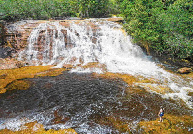 Imagem: Fotografia. Paisagem de uma cachoeira baixa com a água caindo entre as pedras. Dos lados, árvo-res.   Fim da imagem.