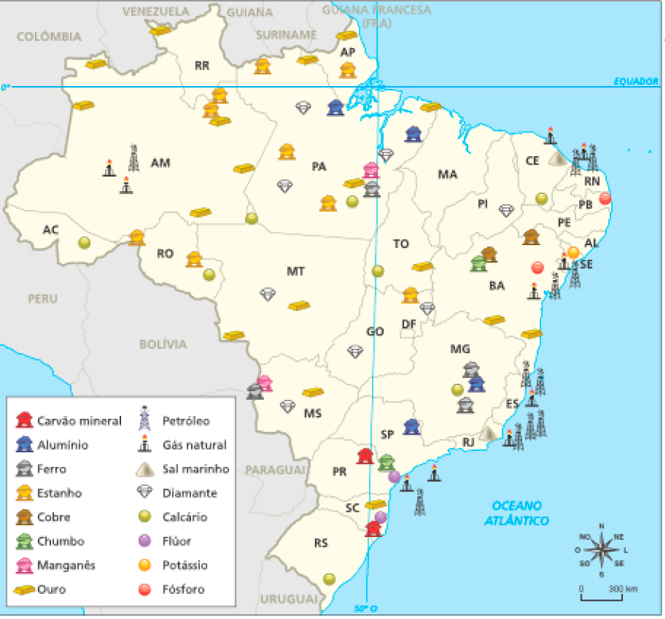 Imagem: Mapa. Brasil: principais recursos minerais e energéticos. Mapa do Brasil dividido em estados. Há desenhos representando os recursos em cada estado. Acre: Potássio. Amazonas: ouro, petróleo, gás natural e estanho. Roraima: ouro. Rondônia: estanho e calcário. Pará: estanho, ouro, diaman-te, alumínio, ferro e manganês. Amapá: ouro e estanho. Mato Grosso: diamante e ouro. Tocan-tins: calcário e ouro. Piauí: diamante. Ceará: sal marinho e gás natural. Rio Grande do Norte: pe-tróleo e gás natural. Paraíba: fósforo. Sergipe: potássio, petróleo e gás natural. Bahia: cobre, chumbo, fósforo, petróleo, gás natural e ouro. Goiás: diamante e estanho. Minas Gerais: ferro, alumínio e calcário. Espírito Santo: petróleo e gás natural. Rio de Janeiro: petróleo, gás natural e sal marinho. Mato Grosso do Sul: manganês, ferro, ouro e diamante. São Paulo; alumínio e gás natural. Paraná: carvão mineral, chumbo, flúor, petróleo e gás natural. Santa Catarina: ouro, flúor e carvão mineral. Rio Grande do Sul: calcário.  Fim da imagem.