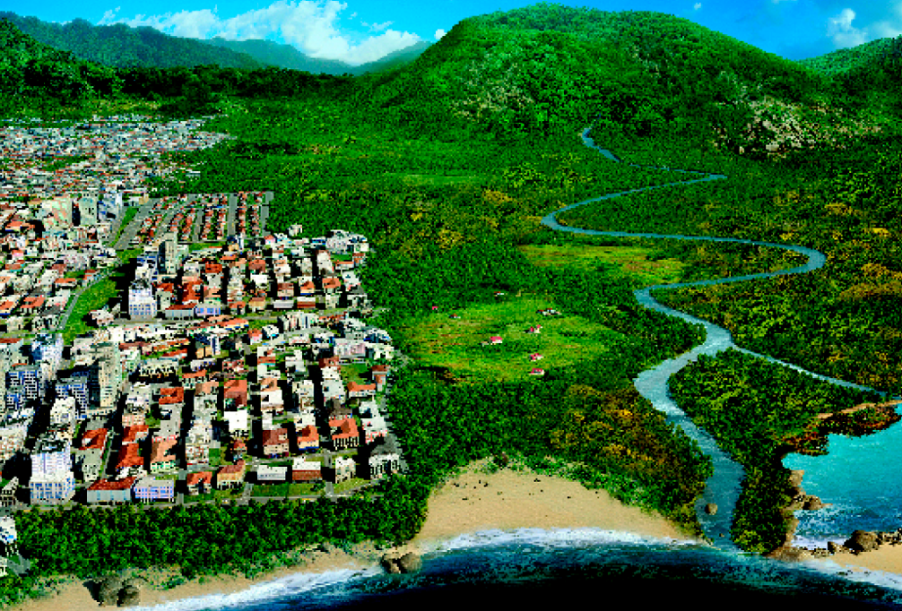 Imagem: Ilustração. Imagem aérea. Do lado esquerdo, uma cidade com prédios e casas. Do lado direito, montanhas ao fundo e na frente uma área coberta por vegetação, com algumas casas espaçadas. Há um rio que vai das montanhas até o mar que está no canto inferior da folha. A cidade é a letra A, as montanhas é a letra B e as casas no campo é a letra C. Fim da imagem.