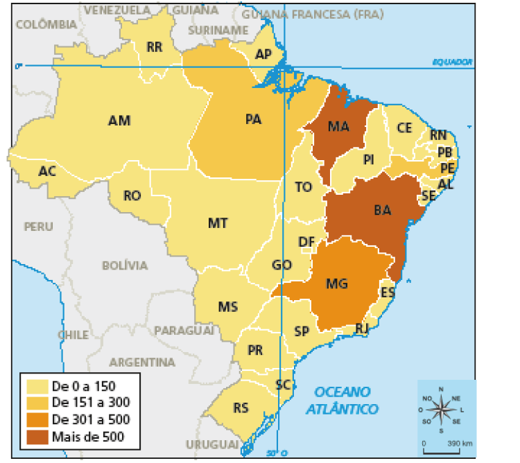 Imagem: Mapa. Brasil: número de comunidades quilombolas certificadas (2020). Mapa do Brasil dividido em estados, cada um de uma cor, representando a faixa de número de comunidades. De 0 até 150: Acre, Roraima, Rondônia, Amazonas, Amapá, Tocantins, Piauí, Ceará, Rio Grande do Norte, Paraíba, Alagoas, Sergipe, Espírito Santo, Rio de Janeiro, Tocantins, Goiás, Distrito Federal, Mato Grosso, Mato Grosso do Sul, São Paulo, Paraná, Santa Catarina e Rio Grande do Sul. De 151 a 300: Pará e Pernambuco. De 301 a 500: Minas Gerais. Mais de 500: Maranhão e Bahia.   Fim da imagem.