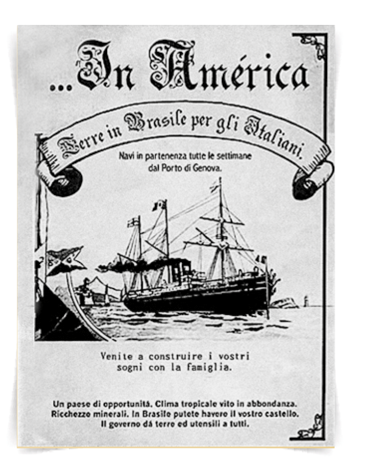 Imagem: Ilustração. Um cartaz antigo em folha amarelada. Na parte superior, o título: Na América. A se-guir, uma faixa com o texto: Terras no Brasil para os Italianos. A seguir, continuação do texto: navios partindo todas as semanas do porto de Gênova. Ilustração de um navio de madeira com velas. Venham construir seus sonhos com a família. Um país de oportunidades. Clima tropical e abundância. Riquezas minerais. No Brasil, vocês podem ter seu castelo. O governo dá terras e ferramentas para todos. Fim da imagem.