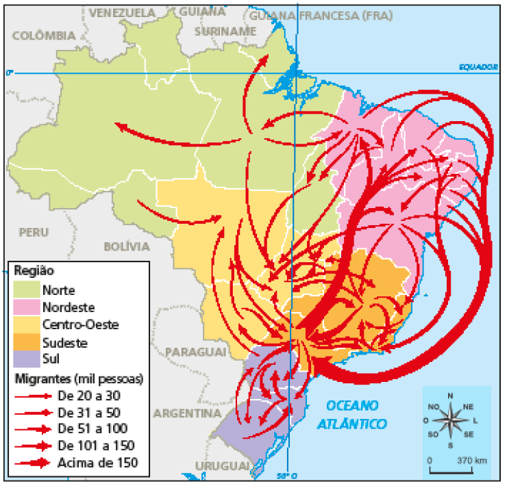 Imagem: Mapa. Brasil: fluxos migratórios (2010). Cada região está colorida de uma cor. Regiões: Norte, Nordeste, centro-Oeste, Sudeste e Sul. Setas indicam o sentido das principais migrações inter-nas. Do Nordeste para o Norte, Centro-Oeste e Sudeste, de São Paulo para MG e para o Nordes-te, de Rio Grande do Sul para São Paulo e vice-versa, entre MT e MS, e entre AM e PA.   Fim da imagem.