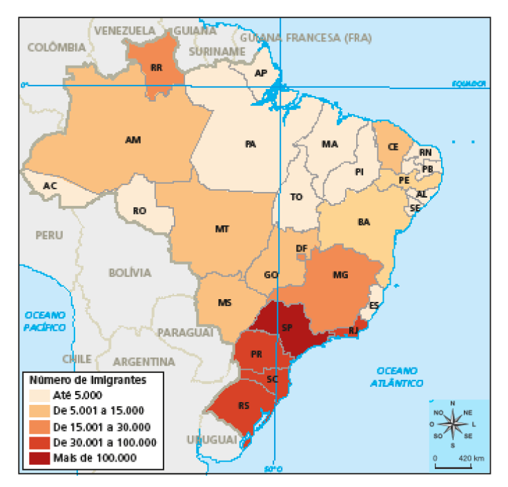 Imagem: Mapa. Brasil: número de imigrantes por unidade da federação (2011 a 2018). Mapa do Brasil divi-dido em estados. Cada um está em uma faixa de cor representando o número de imigrantes. Mais de 100.000: São Paulo. De 30.001 a 100.000: Rio de Janeiro, Paraná, Santa Catarina e Rio Grande do Sul. De 15.001 a 30.000: Minas Gerais e Roraima. De 5.001 a 15.000: Amazonas, Mato Grosso, Mato Grosso do Sul, Goiás, Ceará, Bahia e Pernambuco. Até 5.000: Acre, Roraima, Pará, Amapá, Tocantins, Maranhão, Piauí, Rio Grande do Norte, Paraíba, Alagoas Sergipe e Espírito Santo.  Fim da imagem.