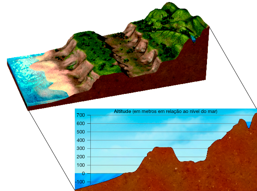 Imagem: Ilustração. Bloco-diagrama: imagem em três dimensões com o mar na esquerda e uma cadeira de montanhas na direita. Perfil topográfico:  Gráfico indicando a altitude (em metros em relação ao nível do mar). Do lado esquerdo, uma linha vertical graduada com as alti-tudes. O mar está no nível zero. A montanha sobe até 300, desce até 100 e em seguida sobe no-vamente até 650.   Fim da imagem.