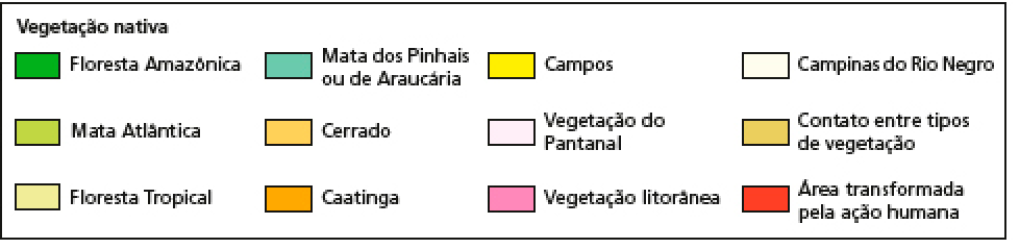 Imagem: Mapa. Brasil: vegetação nativa e áreas transformadas. Mapa do Brasil separado por cores, cada uma representando uma vegetação. Floresta Amazônica: maior parte da Região Norte e parte oeste da região Nordeste. Mata atlântica: pequena faixa no litoral das regiões Sul e Sudeste. Mata dos Pinhais ou de Araucária: pequena região entre o Paraná e Santa Catarina. Cerrado: áreas espalhadas na região Centro-Oeste. Caatinga: áreas espalhadas pela região Nordeste. Ve-getação litorânea: áreas pequenas no litoral das regiões Norte, Nordeste e Sudeste. Campinas do Rio Negro: pequenas áreas no Norte. Contato entre tipos de vegetação: áreas espalhadas por todo o Brasil. Área transformada pela ação humana: áreas em todas as regiões, em maior con-centração nas regiões Sul, Sudeste e litoral do Nordeste.  Fim da imagem.