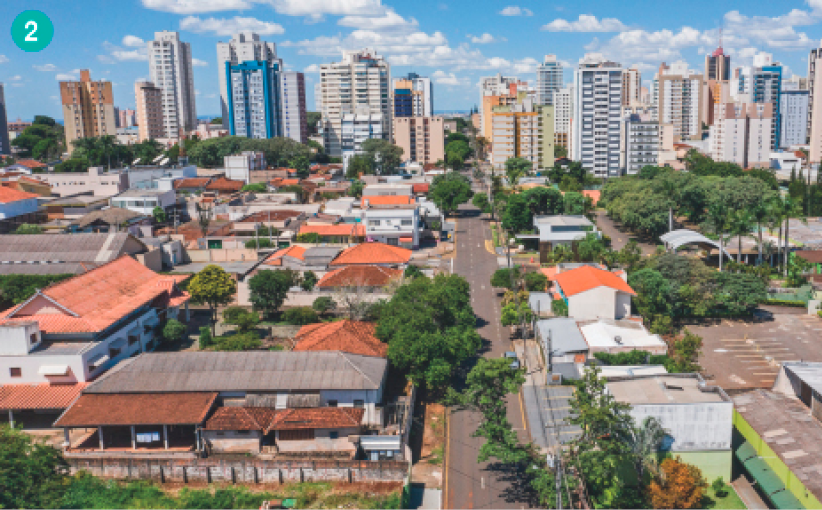 Imagem: Fotografia. Vista aérea de uma cidade com uma avenida no meio, árvores na calcada, casas e prédios ao fundo.   Fim da imagem.