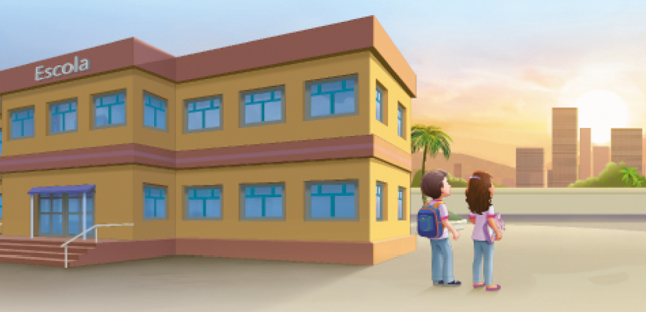 Imagem: Ilustração. Duas crianças de uniforme olhando para o sol no horizonte, no meio de prédios. Um menino de cabelo castanho com uma mochila nas costas e uma menina de cabelo castanho on-dulado segurando uma pasta nas mãos. Do lado esquerdo deles há uma escola. Fim da imagem.