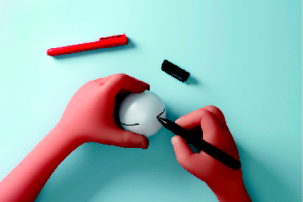 Imagem: Fotografia. Destaque para a mão de uma pessoa traçando uma linha horizontal em uma bolinha de isopor com uma caneta preta. Na mesa há uma caneta vermelha.  Fim da imagem.