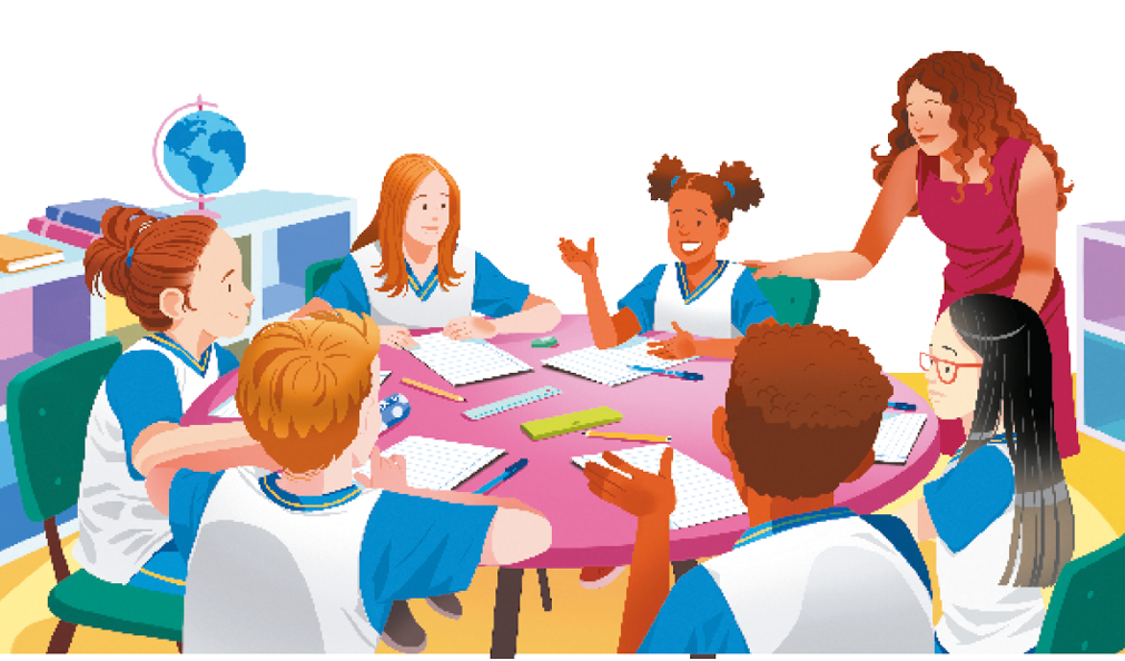 Imagem: Ilustração. Um grupo de crianças de uniforme com camiseta branca de mangas azuis, sentadas ao redor de uma mesa redonda. Uma menina de cabelo castanho preso em um rabo; uma menina loira de cabelo liso; uma menina morena de cabelo preso em maria-chiquinha; uma menina ori-ental de cabelo preto e liso, um menino moreno de cabelo curto e um menino loiro de cabelo liso. Na mesa há papéis espalhados, canetas e réguas. Ao lado da mesa, uma mulher de cabelo castanho cacheado usando um vestido rosa. Eles estão em uma sala e no fundo tem um armário com livros e um globo terrestre. Fim da imagem.