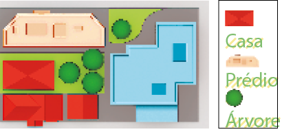 Imagem: Ilustração. Planta baixa de uma quadra, com a legenda indicando o que é cada desenho. Do lado esquerdo, três casas, um prédio e árvores. Do lado direito, uma construção grande azul.   Fim da imagem.