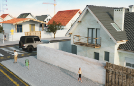 Imagem: Ilustração. Um bairro com casas de muro branco. A calçada é larga e tem duas pessoas nela.  Fim da imagem.