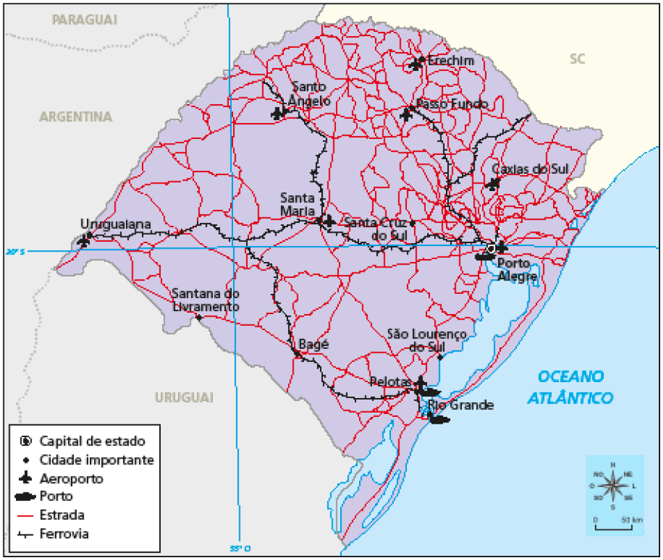 Imagem: Mapa. Na parte superior, título. O título indica o assunto tratado no mapa. Rio Grande do Sul: principais vias de transporte. No canto esquerdo, legenda. A legenda informa o significado dos símbolos utilizados no mapa. No canto direito, rosa dos ventos e escala. A rosa dos ventos indica a orientação do mapa. A escala indica quanto o espaço real foi reduzido para ser representado no mapa. Embaixo, fonte. A fonte indica a origem das informações representadas no mapa. O mapa mostra o estado do Rio Grande do Sul, com linhas vermelhas por toda a área, representando as estradas e algumas linhas pretas representando as rodovias. Capital do estado: Porto Alegre. Aeroportos: Santo Ângelo, Uruguaiana, Santa maria, Erechim, Passo Fundo, Caxias do Sul, Porto Alegre e Pelotas. Cidades importantes além das citadas: Santana do livramento, Santa Cruz do Sul, São Lourenço. Porto: Porto Alegre, Pelotas e Rio Grande.  Fim da imagem.