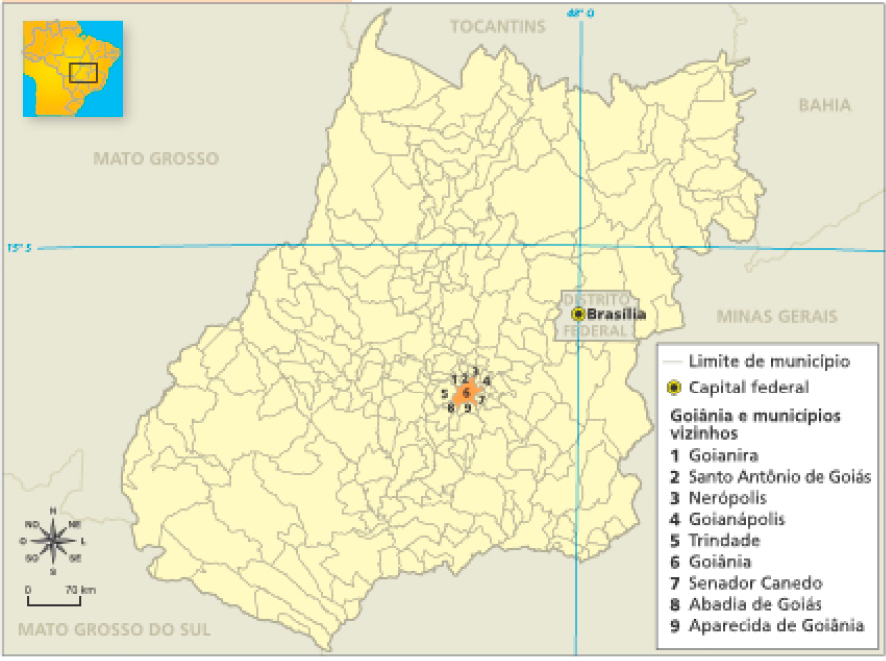 Imagem: Mapa. Goiás: divisão municipal (2017). Mapa do estado de Goiás dividido em cidades. Ao redor: Mato Grosso, Tocantins, Bahia, Minas Gerais, Brasília e Mato Grosso do Sul. No Distrito Federa, capital federal: Brasília. No meio de Goiás, está destacada uma cidade: Goiânia. Fazendo divisa com Goiânia, as cidades: Goianira, Santo Antônio de Goiás, Nerópolis, Goianápolis, Trindade, Goiânia, Senador Canedo, Abadia de Goiás e Aparecida de Goiânia.  Fim da imagem.