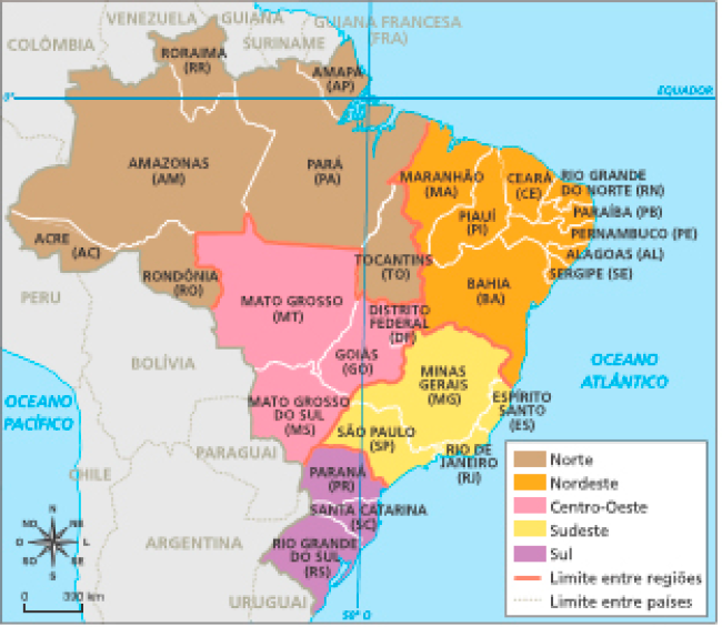 Imagem: Mapa. Brasil: divisão regional. Mapa do Brasil dividido em estados e regiões. Cada região está colorida de uma cor. Região Norte. Acre (AC). Amazonas (AM). Roraima (RR). Rondônia (RO). Pará (PA). Amapá (AP). Tocantins (TO). Região Centro-Oeste. Mato Grosso (MT). Distrito Federal (DF). Goiás (GO). Mato Grosso do Sul (MS). Região Nordeste. Maranhão (MA). Piauí (PI). Ceará (CE). Rio Grande do Norte (RN). Paraíba (PB). Pernambuco (PE). Alagoas (AL). Sergipe (SE). Bahia (BA). Região Sudeste. Minas Gerais (MG). Espírito Santo (ES). Rio de Janeiro (RJ). São Paulo (SP). Região Sul. Paraná (PR). Santa Catarina (SC). Rio Grande do Sul (RS). Fim da imagem.