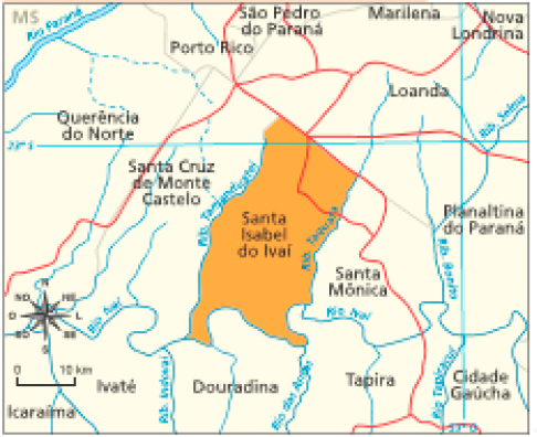 Imagem: Mapa. Município de Santa Isabel do Ivaí. Mapa da região de Santa Isabel do Ivaí. Ao redor, as cidades: Querência do Norte, Santa Cruz de Monte Castelo, Icaraíma, Ivaté, Douradina, Tapira, Santa Mônica, Cidade Gaúcha, Planalto do Paraná, Loanda, Nova londrina, Marilena, São Pedro do Paraná e Porto Rico. Há dois rios em Santa Isabel do Ivaí: Rio Tamanduateí e Rio Taquara. Li-nhas vermelhas indicam as rodovias principais: linhas irregulares ao norte de Santa Isabel do Ivaí.    Fim da imagem.