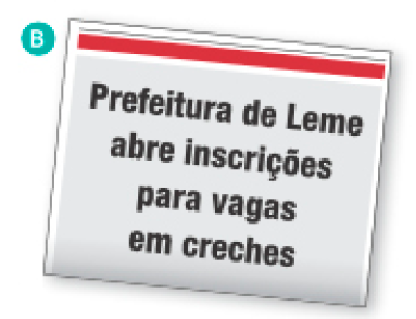 Imagem: Ilustração. Página de um jornal com o título da matéria: Prefeitura de Leme abre inscrições para vagas em creches.   Fim da imagem.
