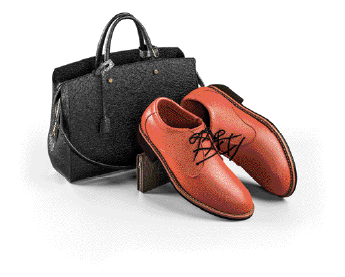 Imagem: Esquema. Matéria-prima: couro. Seta para fotografia. Bolsas e calçados. Uma bolsa preta com um sapato marrom do lado.  Fim da imagem.