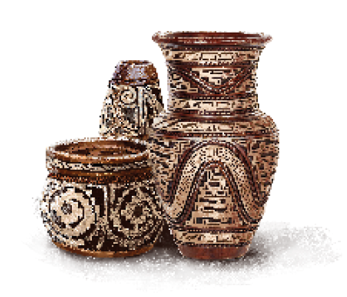 Imagem: Fotografia. Três vasos de cerâmica marrons, com padrões geométricos. Eles têm diferentes ta-manhos e formatos.  Fim da imagem.