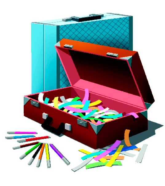 Imagem: Ilustração. Uma mala aberta com várias tiras de papel colorido. Do lado de fora há mais tiras de papel. Ao lado, uma mala azul fechada.  Fim da imagem.