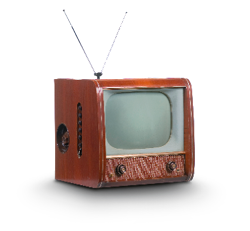 Imagem: Fotografia. Uma televisão antiga com a caixa marrom e antenas em cima. Fim da imagem.