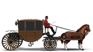 Ilustração. Uma carruagem com um cocheiro na frente e cavalos marrons.