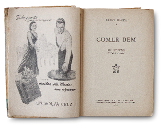 Imagem: Fotografia. Um livro antigo aberto. De um lado, desenho de uma mulher de vestido e homem de camisa. Do outro, o título do livro: Comer Bem.  Fim da imagem.