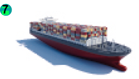 Imagem: Ilustração. Um navio com pilhas de containers em cima. Fim da imagem.