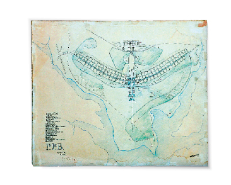 Imagem: Ilustração. 1: um desenho de duas linhas perpendiculares. 2: um desenho de uma figura com uma faixa curva na parte superior e uma haste para baixo. Abaixo, um mapa de uma região, com fileiras de prédios na parte de cima e áreas de vegetação.  Fim da imagem.