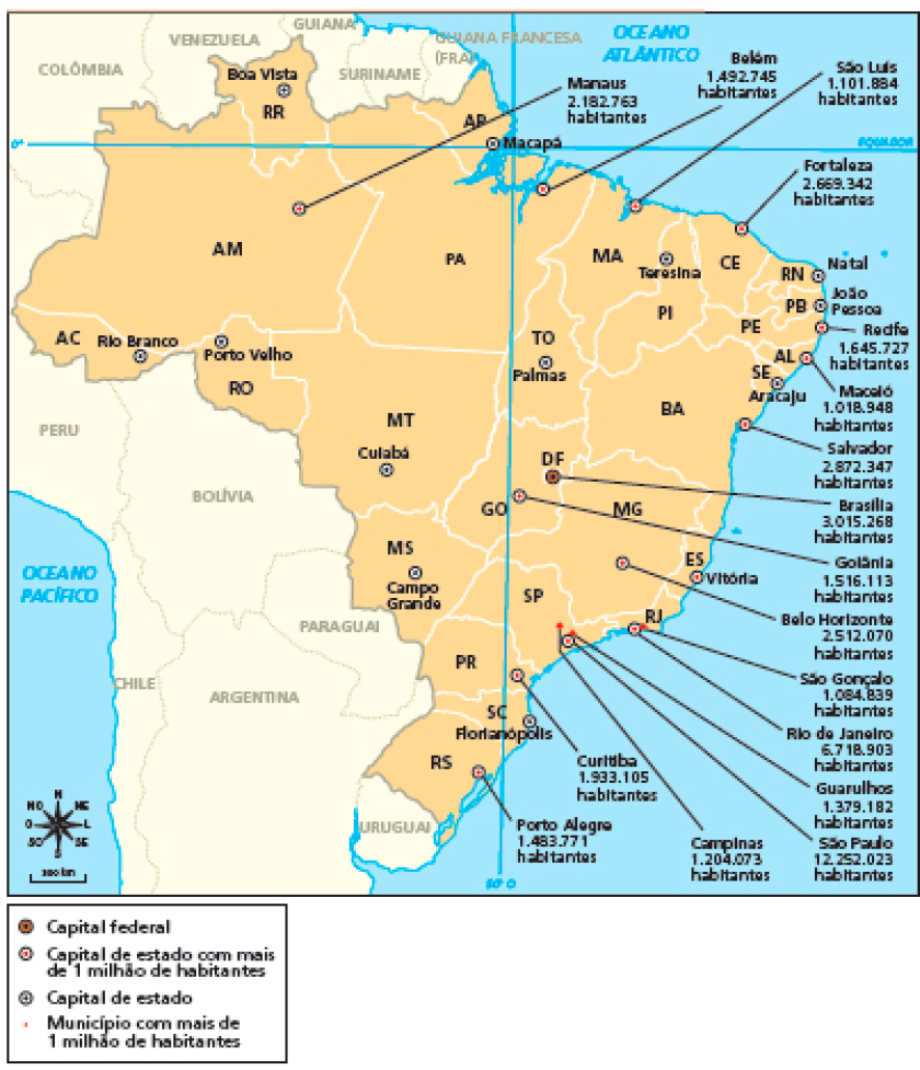 Imagem: Mapa. Brasil: municípios com mais de 1 milhão de habitantes (2019). Mapa do Brasil dividido em estados. Está marcada a população de algumas capitais com uma linha de chamada. Acre, capital Rio Branco. Amazonas, capital Manaus, 2.182.763 habitantes. Roraima, capital Boa Vista. Rondônia, capital Porto Velho. Amapá, capital Macapá. Pará, capital Belém, 1.492.745 habitantes. Maranhão, capital São Luís, 1.101.884 habitantes. Tocantins, capital Palmas. Mato Grosso, capital Cuiabá. Piauí, capital Teresina. Ceará, capital Fortaleza, 2.669.342 habitantes. Rio Grande do Norte, capital Natal. Paraíba, capital João Pessoa. Pernambuco, capital Recife, 1.645.727 habitantes. Alagoas, capital Maceió, 1.018.948 habitantes Sergipe, capital Alagoas. Bahia, capital Salvador, 2.872.347 habitantes. Goiás, capital Goiânia, 1.516.113 habitantes. Brasília, capital Distrito Federal, 3.015.268 habitantes. Mato Grosso do Sul, capital Campo Grande. Minas Gerais, capital Belo Horizonte, 2.512.070 habitantes. Espírito Santo, capital Vitória. Rio de Janeiro, capital Rio de Janeiro, 6.718.903 habitantes, outra cidade: São Gonçalo, 1.084.839 habitantes. São Paulo, capital São Paulo, 12.252.023 habitantes, outra cidade: Campinas, 1.204.073 habitantes, outra cidade: Guarulhos, 1.379.182 habitantes. Paraná, capital Curitiba, 1.933.105 habitantes. Santa Catarina, capital Florianópolis. Rio Grande do Sul, capital Porto Alegre, 1.483.771 habitantes. Fim da imagem.