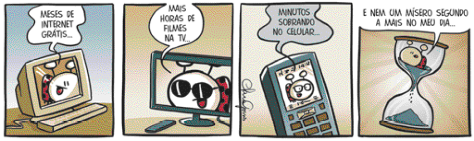 Imagem: Quadrinho. Tirinha colorida em 4 quadros. Uma joaninha com corpo vermelho com pintinhas azuis.  Quadro 1: a joaninha está dentro do computador. Ela diz: meses de internet grátis. Quadro 2: a joaninha está dentro da televisão. Ela diz: mais horas de filmes na TV.  Quadro 3: a joaninha está na tela do celular. Ela diz: minutos sobrando no celular. Quadro 4: a joaninha está dentro de uma ampulheta. Ela diz: e nem um mísero segundo a mais no meu dia.   Fim da imagem.