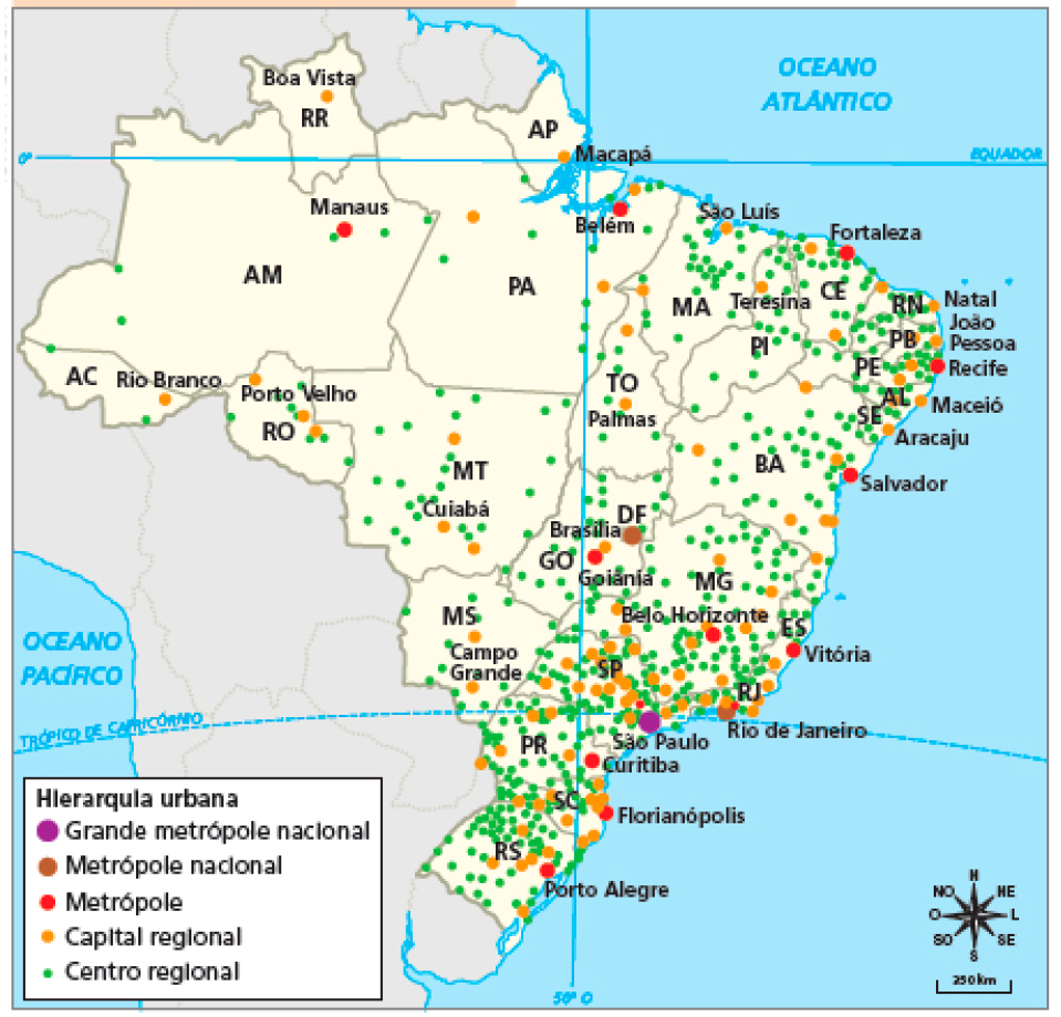 Imagem: Mapa. Brasil: hierarquia urbana (2018). Mapa do Brasil dividido em estados. Há círculos coloridos espalhados indicando a hierarquia urbana. Acre: capital regional Rio Branco e mais dois centros regionais. Amazonas: metrópole Manaus e mais cinco centros regionais. Roraima: capital regional Boa Vista. Rondônia: três capitais regionais, incluindo Porto velho, e alguns pontos de centro regional. Para: metrópole Belém e mais alguns pontos de capital regional e centro regional. Amapá: capital regional Macapá. Maranhão: capital regional São Luís e mais pontos de centros regionais. Piauí: capital regional Teresina e mais pontos de centros regionais. Ceará: metrópole Fortaleza e mais pontos de centros regionais e capitais regionais. Rio Grande do Norte: duas capitais regionais, incluindo Natal, e mais pontos de centros regionais. Paraíba: duas capitais regionais, incluindo João Pessoa, e mais pontos de centros regionais. Pernambuco: metrópole Recife e mais pontos de capital regional e centro regional. Alagoas: duas capitais regionais, incluindo Maceió, e mais pontos de centros regionais. Sergipe: capital regional Aracaju, e mais pontos de centros regionais. Bahia: metrópole Salvador e mais pontos de capital regional e centro regional. Tocantins: duas capitais regionais, incluindo Palmas, e mais pontos de centros regionais. Mato Grosso: duas capitais regionais, incluindo Cuiabá, e mais pontos de centros regionais. Goiás: metrópole Goiânia e mais pontos de capital regional e centro regional. Distrito Federal: metrópole nacional Brasília. Minas Gerais: metrópole Belo Horizonte e mais vários pontos de capital regional e centro regional. Espírito Santo: metrópole Vitória e mais pontos de capital regional e centro regional. Rio de Janeiro: metrópole nacional Rio de Janeiro e mais pontos de capital regional e centro regional. São Paulo: grande metrópole nacional São Paulo e mais pontos de capital regional e centro regional. Paraná: metrópole Curitiba e mais vários pontos de capital regional e centro regional. Santa Catarina: metrópole Florianópolis e mais vários pontos de capital regional e centro regional. Rio Grande do Sul: metrópole Porto Alegre e mais vários pontos de capital regional e centro regional. Fim da imagem.