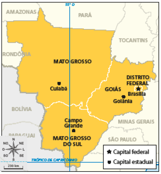 Imagem: Mapa. Região Centro-Oeste: político. Mapa da região Centro-Oeste dividida em estados, com suas respectivas capitais. Mato Grosso: Cuiabá. Goiás: Goiânia. Distrito Federal: Brasília. Mato Grosso do Sul: Campo Grande.  Fim da imagem.