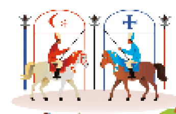 Imagem: Ilustração. Duas pessoas montadas em cavalos empunhando lanças. Um deles usa capa e adornos em vermelho e o outro em azul. Ao fundo, arcos com adornos nas respectivas cores. Fim da imagem.