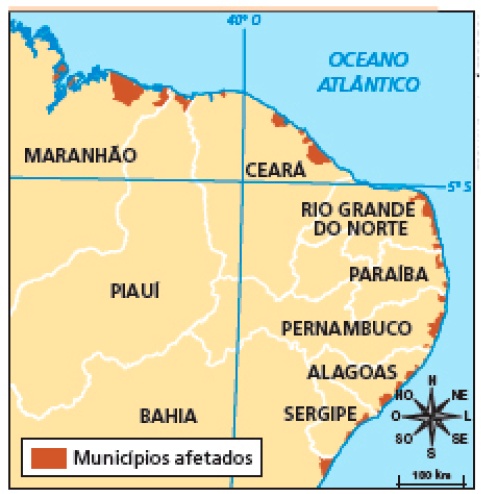 Imagem: Mapa. Brasil: áreas afetadas por manchas de óleo (2019). Mapa de parte da região Nordeste, mostrando: Maranhão, Piauí, Ceará, Rio Grande do Norte, Paraíba, Pernambuco, Alagoas, Sergipe e Bahia. Há áreas destacadas em marrom indicando os municípios afetados.: pequenas áreas em todo o litoral, com maior concentração no norte do Maranhão.  Fim da imagem.