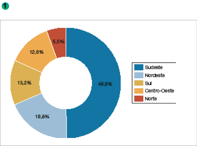 Imagem: Gráfico. Brasil: distribuição dos passageiros embarcados em voos nacionais, por região (2019) Sudeste: 49,9%. Nordeste: 18,8%. Sul: 13,2%. Centro-Oeste: 12,6%. Norte: 5,5%.  Fim da imagem.