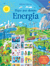 Imagem: Ilustração. Capa de livro. Na parte de cima, o título: fique por dentro, energia. Ilustração de uma cidade com um prédio em primeiro plano. Uma das paredes está retirada e é possível ver o lado de dentro. Ao redor, construções, um lago, torres de energia, indústrias e um acampamento.  Fim da imagem.