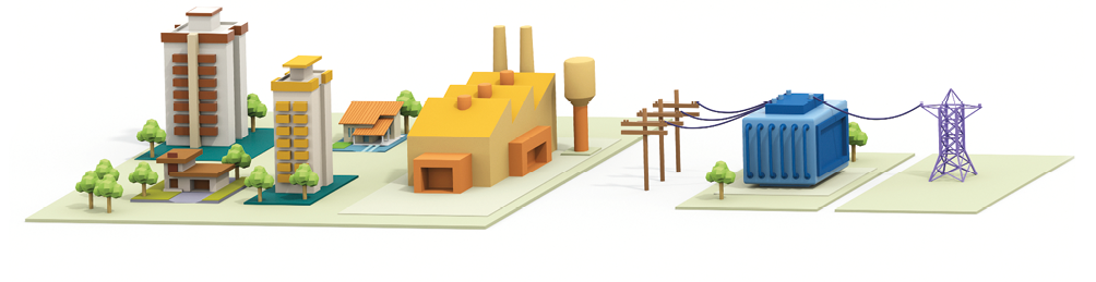 Imagem: Ilustração. Um esquema. Ilustração de uma indústria com chaminés. 1. GERAÇÃO: A maior parte da energia é produzida em hidrelétricas distantes dos centros de consumo, o que exige longas linhas de transmissão e dificulta o acesso à energia em regiões remotas. Seta para a direita. Uma construção com quatro torres de antenas. 2. TRANSFORMAÇÃO: A energia é transformada [...] para percorrer distâncias extensas. Isso resulta em perdas que reduzem a qualidade da energia. Seta para a direita. Postes de energia. 3. TRANSMISSÃO: As distâncias dos cabos aumentam o risco de imprevistos, causam perdas [de energia] e podem tornar a rede instável em algumas regiões. [...] Ilustração de uma indústria com chaminés. 4. TRANSFORMADORES: A energia ganha o formato ideal de consumo. [...] Ilustração de prédios e casas. 5. DISTRIBUIÇÃO: É quando a energia chega aos locais de consumo. [...]  Fim da imagem.