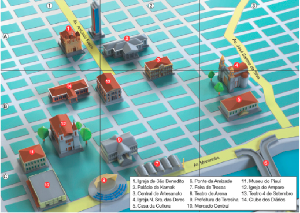 Imagem: Ilustração. Um mapa de um bairro em uma malha quadriculada com linhas A, B, C, e colunas 1, 2, 3. Há algumas construções marcadas. 1. Igreja de São Benedito: quadrado A1. 2. Palácio de Karnak: quadrado A2. 3. Central de Artesanato: quadrado A2. 4. Igreja N. Sra. das Dores: quadrado A3. 5. Casa da Cultura: quadrado B3. 6. Ponte da Amizade: quadrado C3. 7. Feira de Trocas: quadrado C2. 8. Teatro de Arena: quadrado C2. 9. Prefeitura de Teresina: quadrado B2. 10. Mercado Central: quadrado C1. 11. Museu do Piauí: quadrado C1. 12. Igreja do Amparo: quadrado B1. 13. Teatro 4 de Setembro: quadrado B2. 14. Clube dos Diários: quadrado B1. Há duas ruas na vertical: Av. Antônio Freire e Av. José Santos da Silva. E uma na horizontal: Av. Maranhão.  Fim da imagem.