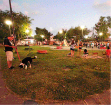 Imagem: Fotografia. Uma praça gramada. No canto esquerdo, um homem careca de bermuda e camiseta preta segura a coleira de um cachorro preto e branco. Para a direita, um parque com uma balança e algumas crianças brincando. Na praça há postes de iluminação com a luz acesa.  Fim da imagem.