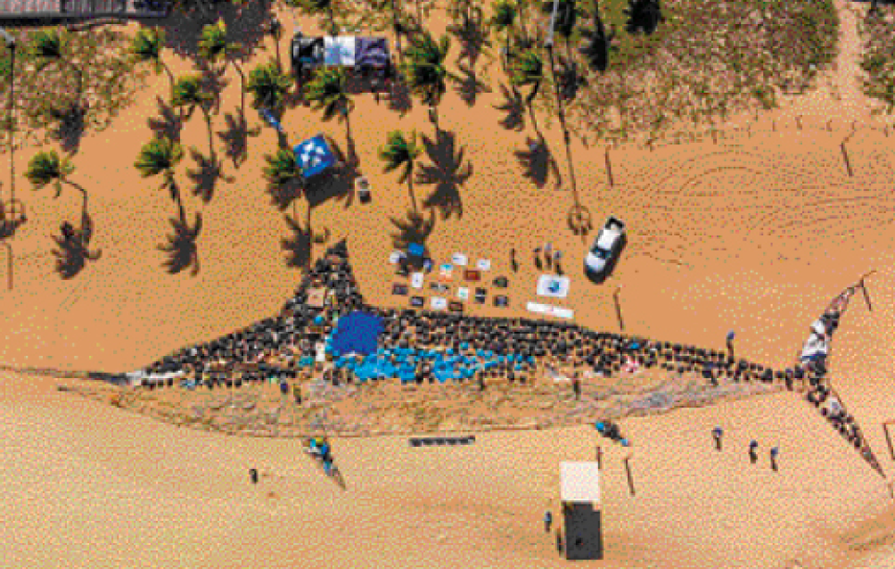 Imagem: Fotografia. Areia de uma praia vista de cima. Há um desenho de um peixe-espada na areia, preenchido por sacos de lixo. Ao redor, um carro, pessoas, tendas e coqueiros na parte de cima.  Fim da imagem.