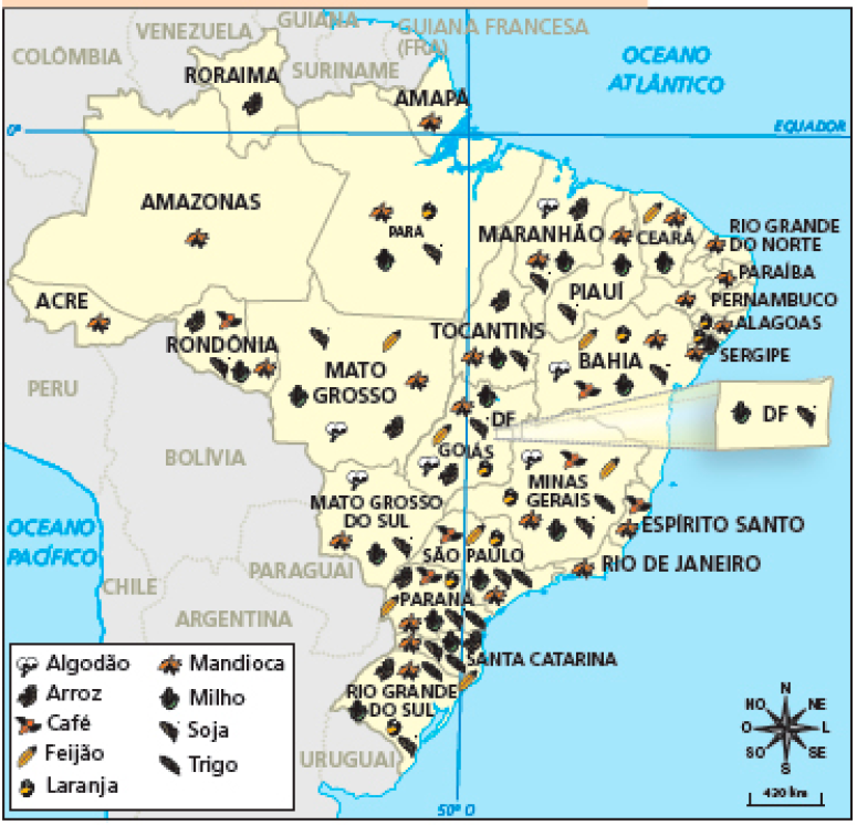 Imagem: Mapa. Brasil: principais produtos agrícolas por unidade federativa* (2019). Mapa do Brasil separado em estados. Em cada um tem ilustrações que representam produtos agrícolas. Acre: mandioca. Amazonas: mandioca. Roraima: arroz. Amapá: mandioca. Rondônia: arroz, mandioca, soja, café e milho. Mato Grosso: soja, feijão, milho, mandioca, algodão e arroz. Pará: mandioca, milho, laranja e soja. Maranhão: algodão, mandioca, soja, milho e arroz. Piauí: mandioca, milho e soja. Ceará: feijão, mandioca e milho. Rio Grande do Norte: mandioca. Paraíba: mandioca. Pernambuco: mandioca. Alagoas: laranja e mandioca. Sergipe: laranja, milho e mandioca. Tocantins: arroz, milho, soja e mandioca. Bahia: soja, algodão, laranja, mandioca, café, milho e soja. Goiás: mandioca, milho, soja, feijão, algodão, arroz e laranja. Distrito federal: milho e soja. Minas Gerais: algodão, café, feijão, laranja, mandioca, milho, soja e trigo. Espírito Santo: café e mandioca. Rio de janeiro: mandioca. Mato Grosso do Sul: algodão, mandioca, milho e soja. São Paulo: café, feijão, laranja, milho, mandioca, soja e trigo. Paraná: milho, feijão, arroz, laranja, mandioca, soja e trigo. Santa Catarina: mandioca, soja, milho, arroz e trigo. Rio grande do Sul: arroz, mandioca, trigo, soja, milho e laranja. Fim da imagem.