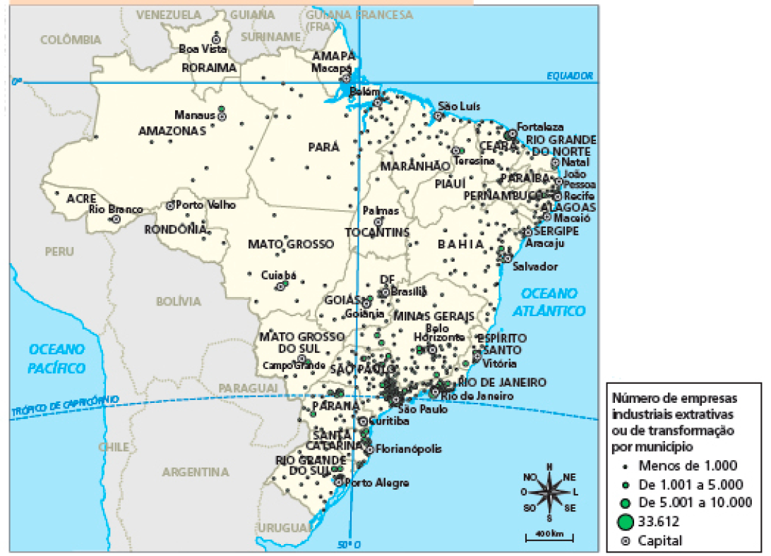 Imagem: Mapa. Brasil: distribuição espacial da indústria (2016). Mapa do Brasil dividido em estados e suas capitais. Há círculos de diferentes tamanhos espalhados pelo mapa, representando o número de empresas industriais extrativas ou de transformação por Município. Acre, capital Rio Branco: pequenos pontos de menos de 1.000. Amazonas, capital Manaus: poucos pontos de menos de 1.000 e de 1.001 a 5.000. Roraima, capital Boa Vista: pequenos pontos de menos de 1.000. Rondônia, capital Porto Velho: pequenos pontos de menos de 1.000. Amapá, capital Macapá: um ponto de menos de 1.000. Pará, capital Belém: pequenos pontos de menos de 1.000. Maranhão, capital São Luís: pequenos pontos de menos de 1.000. Tocantins, capital Palmas: poucos pontos de menos de 1.000. Mato Grosso, capital Cuiabá: pequenos pontos de menos de 1.000 e um ponto entre 1.001 e 5.000. Piauí, capital Teresina: pequenos pontos de menos de 1.000 e um ponto entre 1.001 e 5.000. Ceará, capital Fortaleza: pequenos pontos de menos de 1.000 e um ponto entre 5.001 e 10.000. Rio Grande do Norte, capital Natal: pequenos pontos de menos de 1.000 e um ponto entre 1.001 e 5.000. Paraíba, capital João Pessoa: poucos pontos de menos de 1.000. Pernambuco, capital Recife: pequenos pontos de menos de 1.000 e um ponto entre 1.001 e 5.000. Sergipe, capital Alagoas: pequenos pontos de menos de 1.000 e um ponto entre 1.001 e 5.000. Bahia, capital Salvador: pequenos pontos de menos de 1.000 e dois pontos entre 1.001 e 5.000. Goiás, capital Goiânia. pequenos pontos de menos de 1.000 e um ponto entre 1.001 e 5.000. Mato Grosso do Sul, capital Campo Grande: pequenos pontos de menos de 1.000 e um ponto entre 1.001 e 5.000. Minas Gerais, capital Belo Horizonte: pequenos pontos de menos de 1.000 e pontos entre 1.001 e 5.000. Espírito Santo, capital Vitória: pontos de menos de 1.000 e pontos entre 1.001 e 5.000. Rio de Janeiro, capital Rio de Janeiro: pontos de menos de 1.000, pontos entre 1.001 e 5.000 e um ponto de 5.001 a 10.000. São Paulo, capital São Paulo: pontos de menos de 1.000, pontos entre 1.001 e 5.000, pontos de 5.001 a 10.000 e um ponto de 33.612. Paraná, capital Curitiba: pontos de menos de 1.000 e pontos entre 1.001 e 5.000. Santa Catarina, capital Florianópolis: pontos de menos de 1.000 e pontos entre 1.001 e 5.000. Rio Grande do Sul, capital Porto Alegre: pontos de menos de 1.000 e pontos entre 1.001 e 5.000. Fim da imagem.