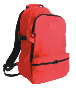 Imagem: Fotografia. Uma mochila vermelha com detalhes pretos. Fim da imagem.