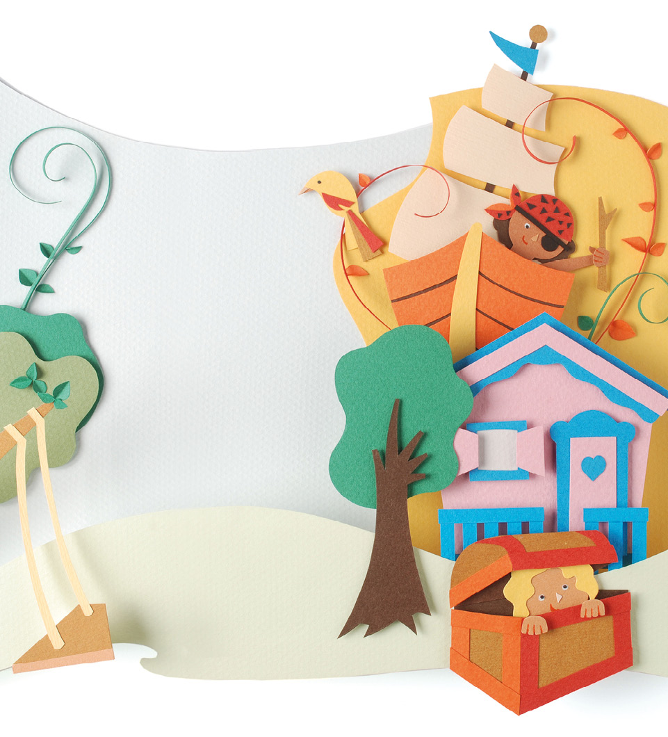 Imagem: Ilustração. Um conjunto de figuras que circundam o poema, como um balanço de corda preso a uma árvore; uma criança dentro de um baú; uma árvore; uma casa rosa e azul; e uma criança vestida de pirata dentro de um barco a velas e acompanhada por um pássaro.  Fim da imagem.