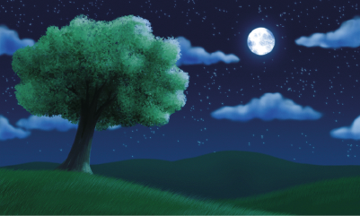 Imagem: Ilustração. A área verde com a árvore durante a noite. No céu, a lua cheia, nuvens e estrelas. Fim da imagem.