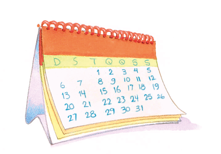 Imagem: Ilustração. Um calendário de mesa que apresenta a indicação dos dias da semana e do mês, indo de 01 a 31. Fim da imagem.