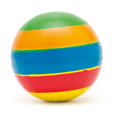 Imagem: Fotografia. Uma bola com listras coloridas. Fim da imagem.
