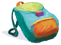 Imagem: Ilustração. Uma mochila azul com detalhes coloridos. Fim da imagem.